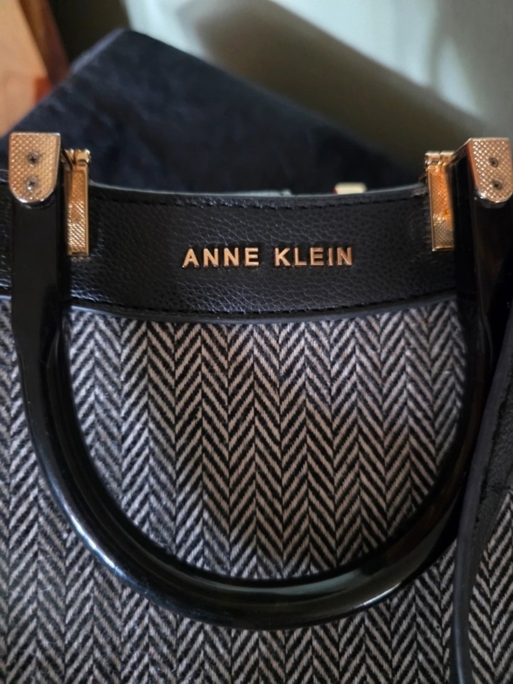 Anne Klein Black and Gray Herringbone Tote with Gold Accents